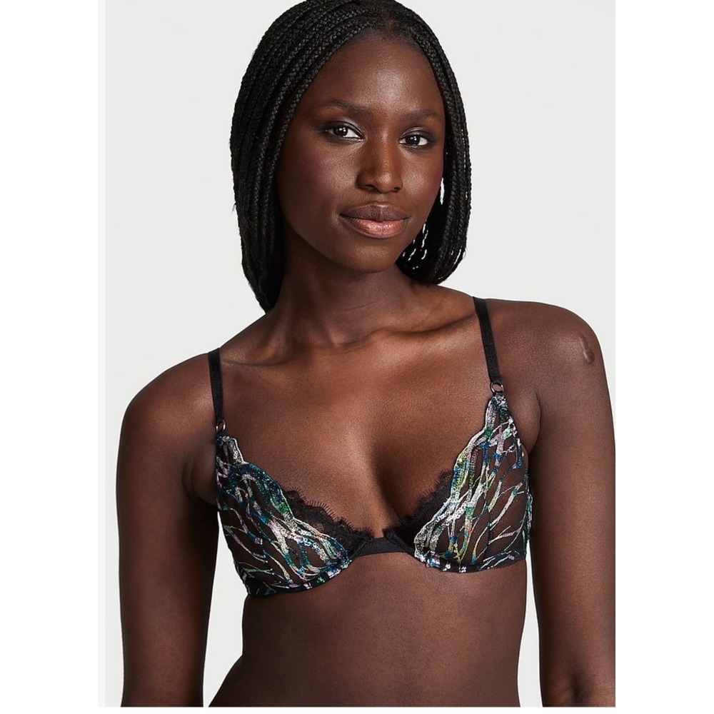 NEW Victoria's Secret Siren Black Unlined Demi Sequin Embroidery Bra 32DDD